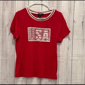 MISS CHIEVOUS short sleeve USA embroidered red -white t-shirt /size L
